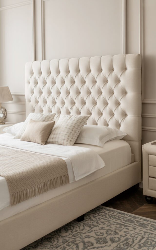 Cream tufted upholstered bed frame showing quality furniture investment for glam bedroom