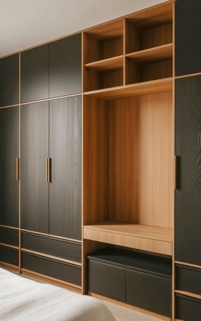 Two tone built in furniture with dark base and light upper creating visual definition