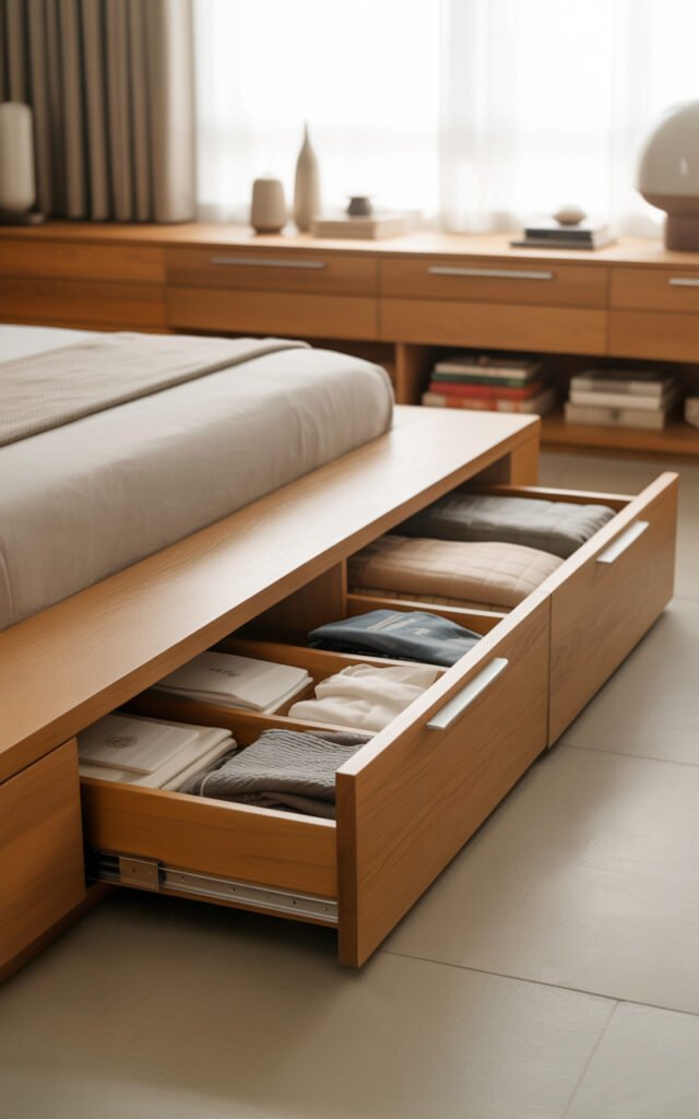 Bed with under bed storage drawers showing hidden storage solution for bedroom organization