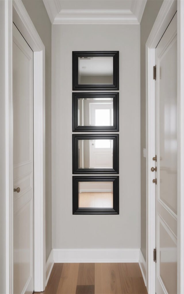 Four black framed mirrors arranged vertically in narrow hallway creating height illusion