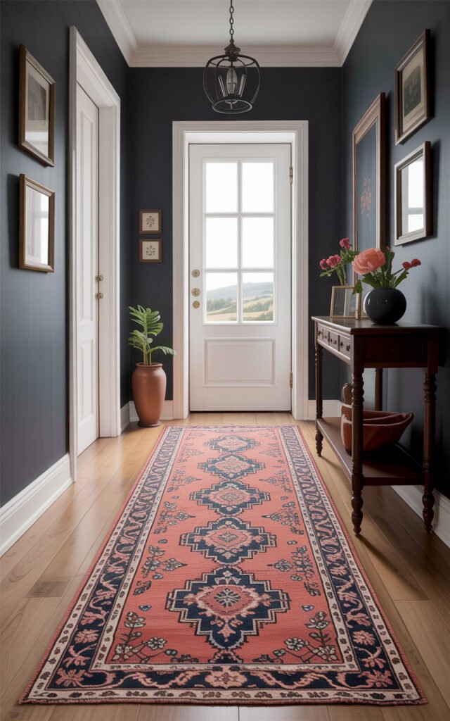 Traditional vintage runner rug with Persian pattern warming dark hallway floor