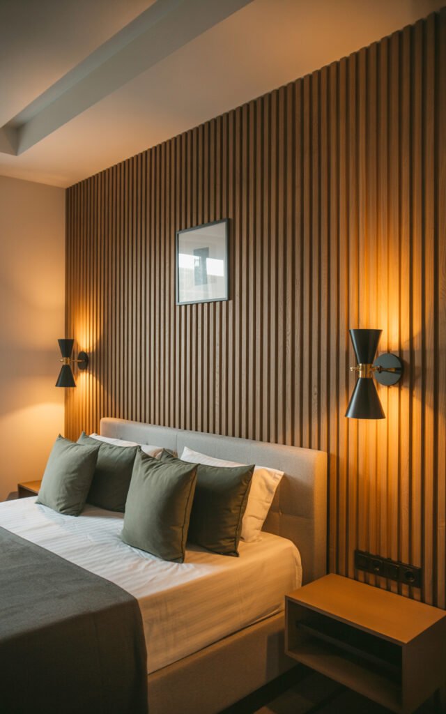 Wall sconces on each side of bed lighting wood slat wall and providing reading light
