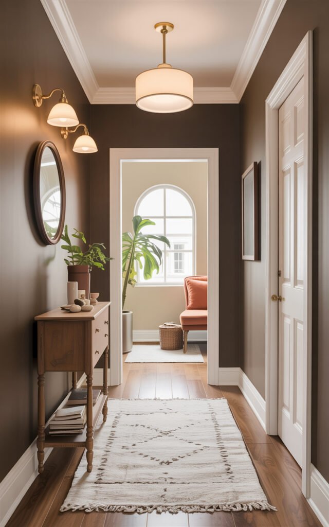 Brown painted hallway with brass fixtures white trim and warm lighting creating cozy atmosphere