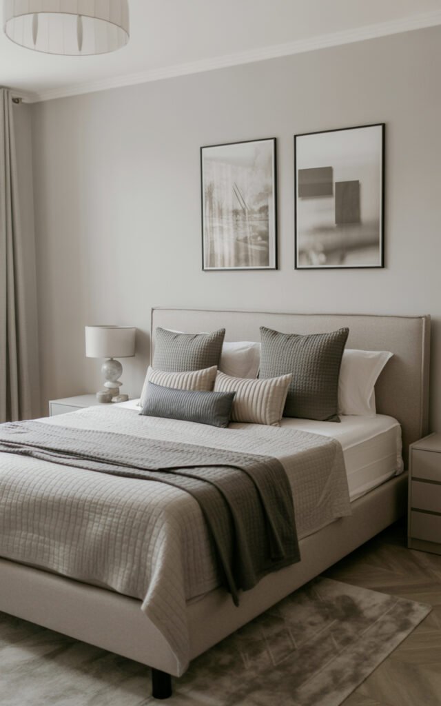 Bedroom in warm gray tones with white accents showing neutral couple friendly color scheme