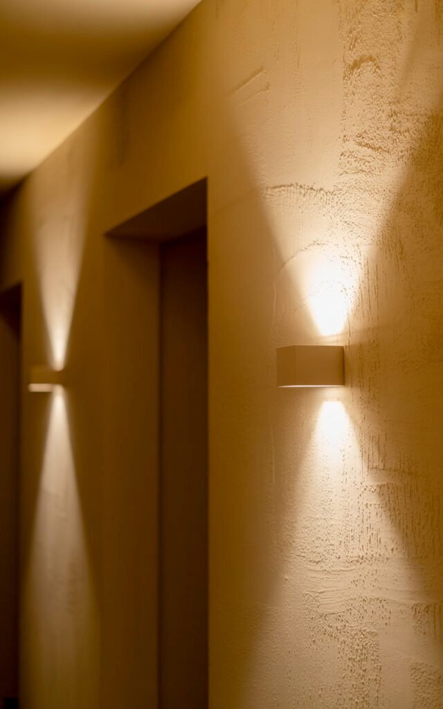 Warm indirect lighting washing beige hallway wall creating soft golden glow effect