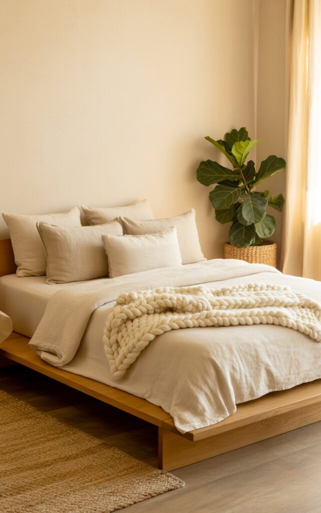 Minimalist bedroom with warm cream tones chunky knit throw and natural textures avoiding cold sterile feeling