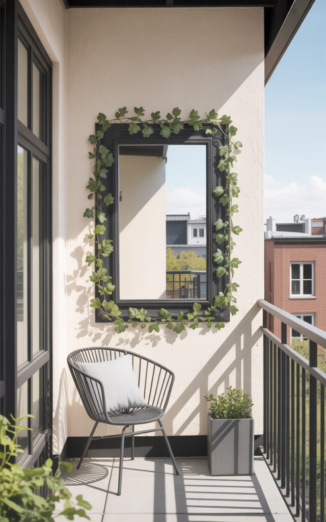 Metal framed mirror on balcony decorated with weather-resistant faux ivy garland