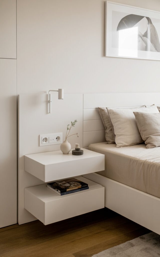 White floating nightstands mounted to wall showing modern space saving furniture design