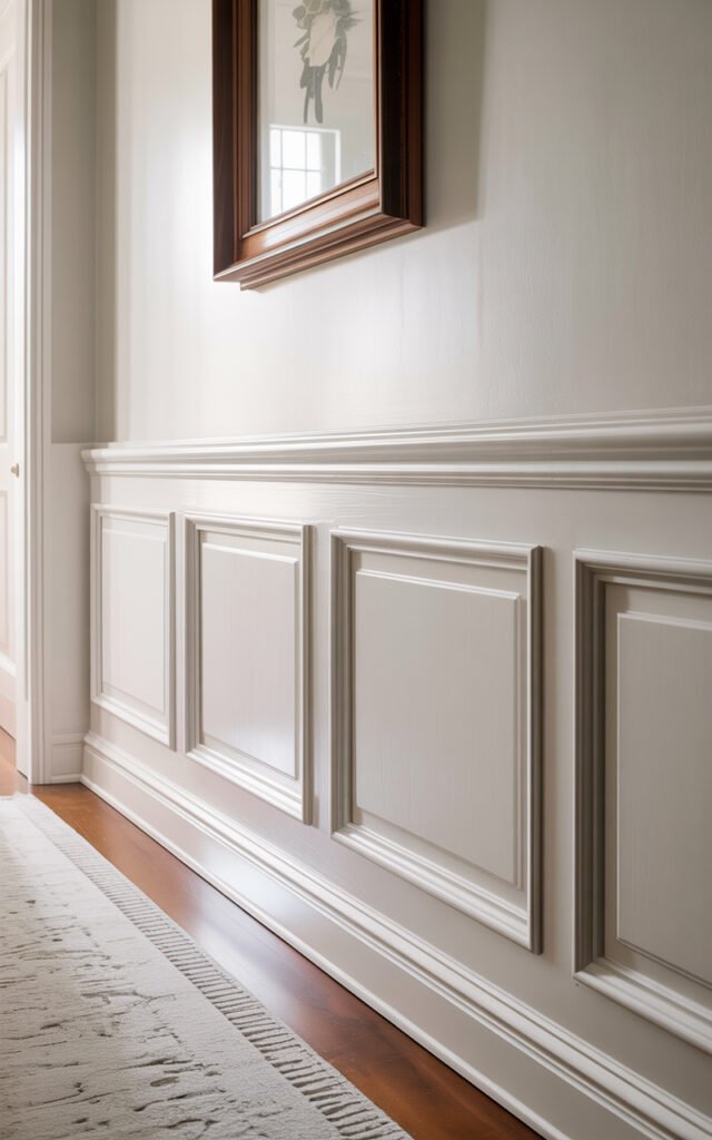 Close-up of white wainscoting with picture frame molding creating architectural detail