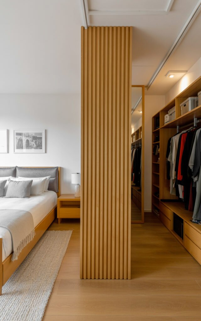 Tall wooden column divider creating zones between bedroom and closet without blocking space