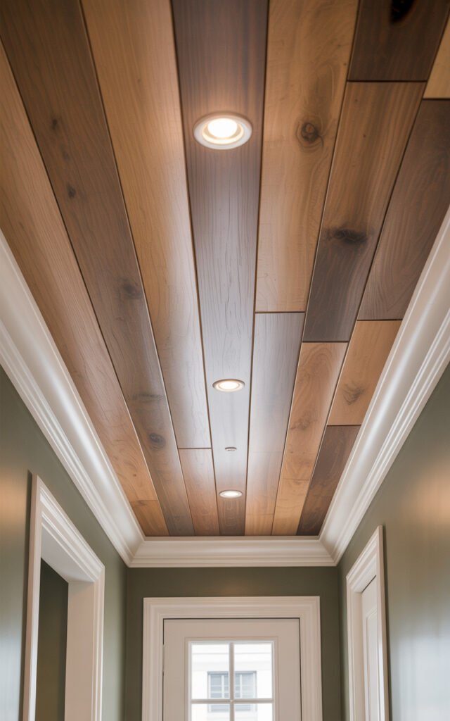Close-up of warm wood plank ceiling with integrated recessed lighting fixtures