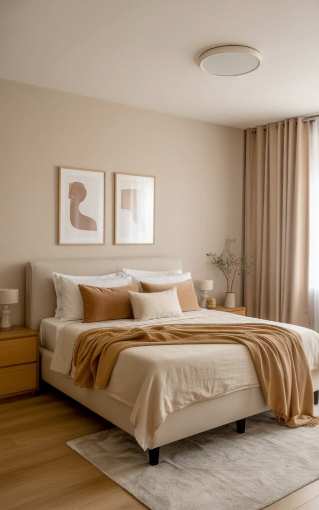Bedroom in beige taupe and oak tones showing 2026 warm minimal color palette