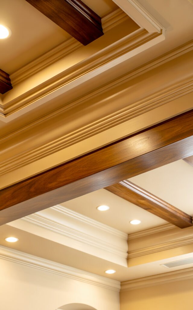 Bedroom ceiling featuring crown molding and exposed wood beam detail adding architectural interest to interior space
