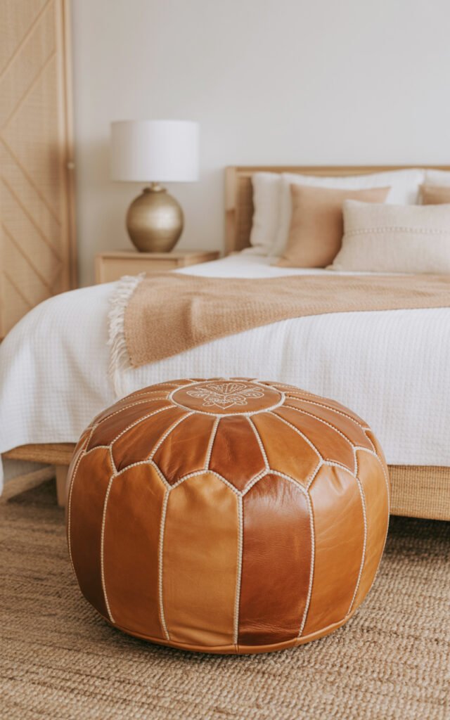 Tan leather Moroccan pouf with traditional embroidery positioned at foot of bed on jute rug in bohemian bedroom