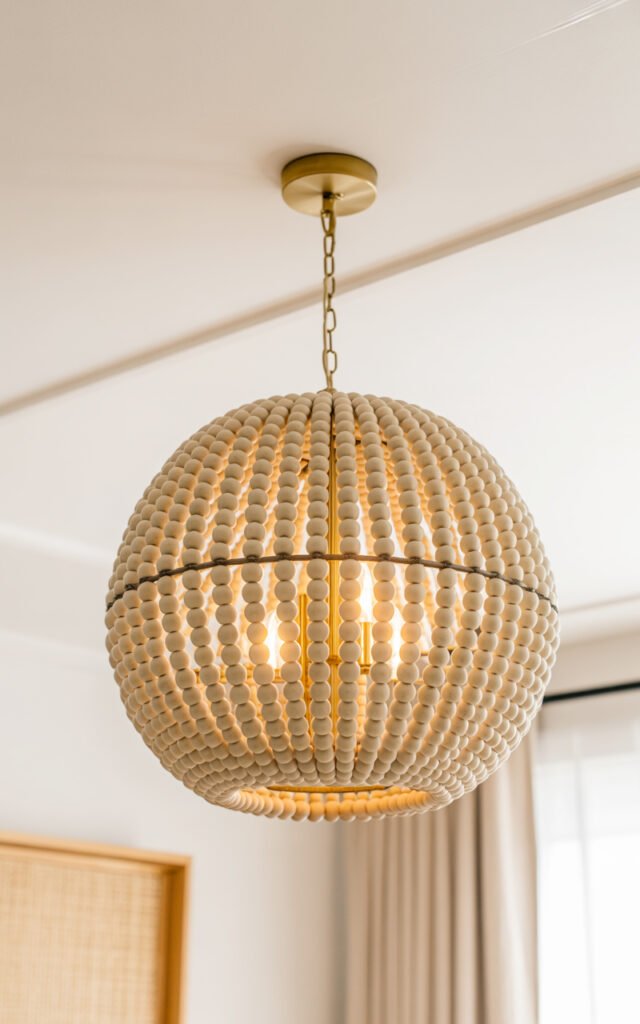 Large beaded sphere chandelier providing elegant ambient lighting in master bedroom