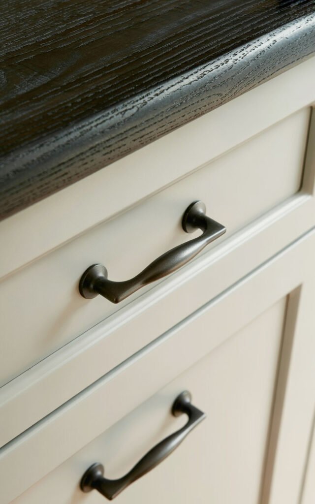 Matte black hardware providing contrast on white farmhouse mudroom furniture