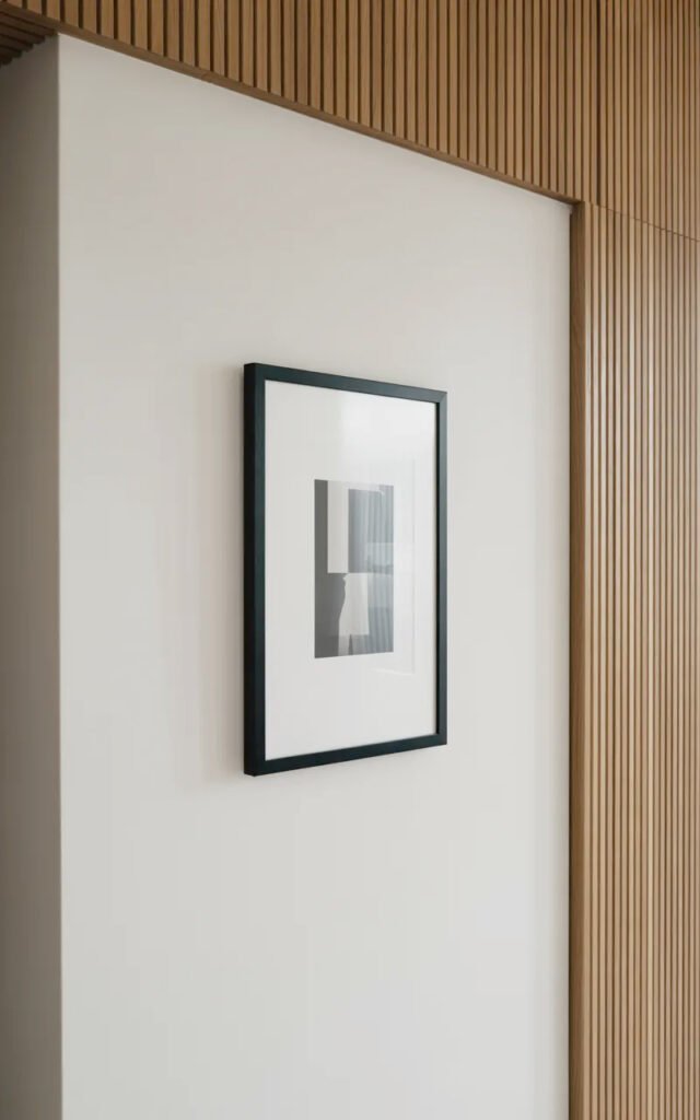 Minimal framed black and white art on white wall complementing slat wall feature