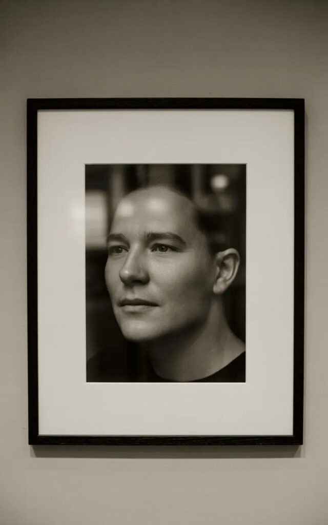 Monochrome portrait photo in white mat creating personal gallery wall element