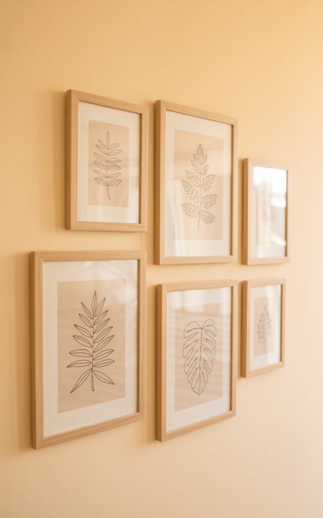 Six framed botanical leaf prints arranged on neutral wall for natural bedroom decor