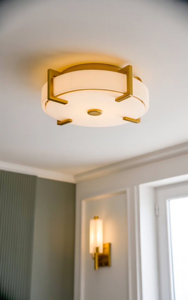 Contemporary flush-mount ceiling light in brass finish providing ambient hallway lighting