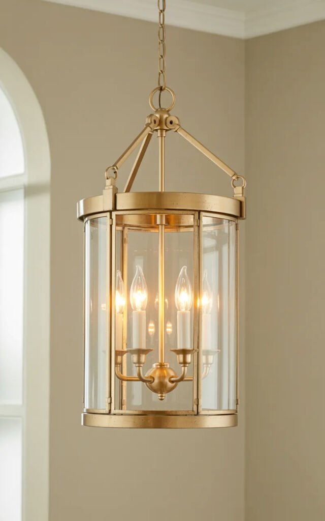 Classic brass cage lantern fixture providing elegant overhead lighting in entrance hall