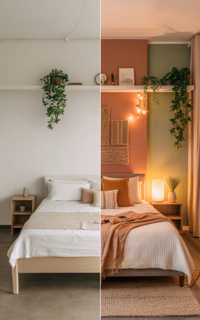 Bedroom makeover showing transformation from basic space to warm earthy design with textured decor, layered bedding and ambient lighting