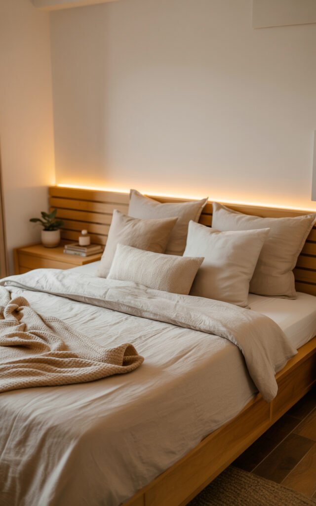 Affordable minimal bedroom with IKEA furniture and DIY lighting achieving warm aesthetic