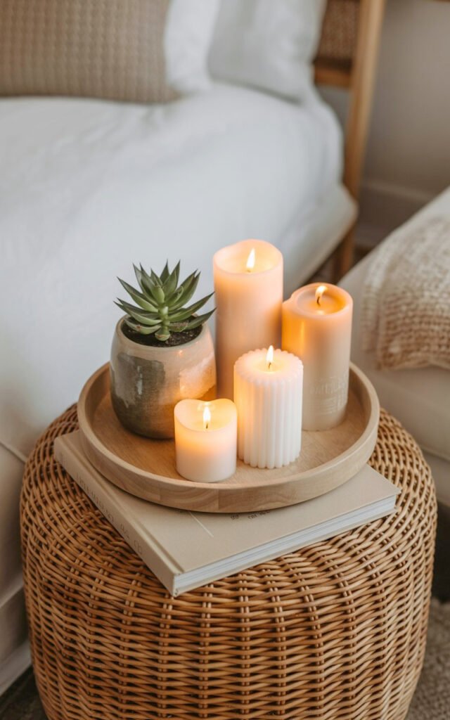 Grouped candles and minimal decor creating cozy ambiance on natural bedroom furniture