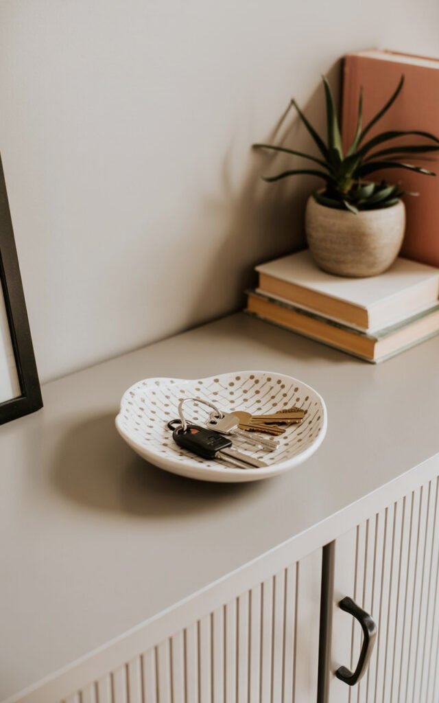 Decorative dish on entryway table holding keys and creating organized drop zone