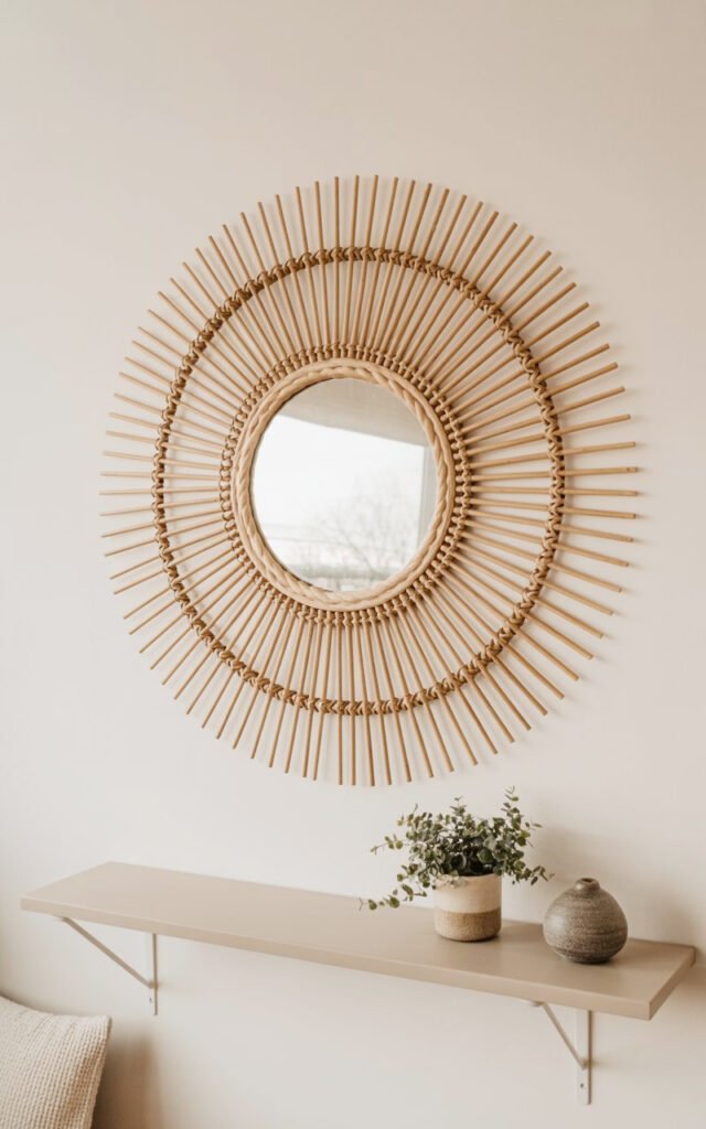 Large woven rattan sunburst mirror creating focal point on white bedroom wall