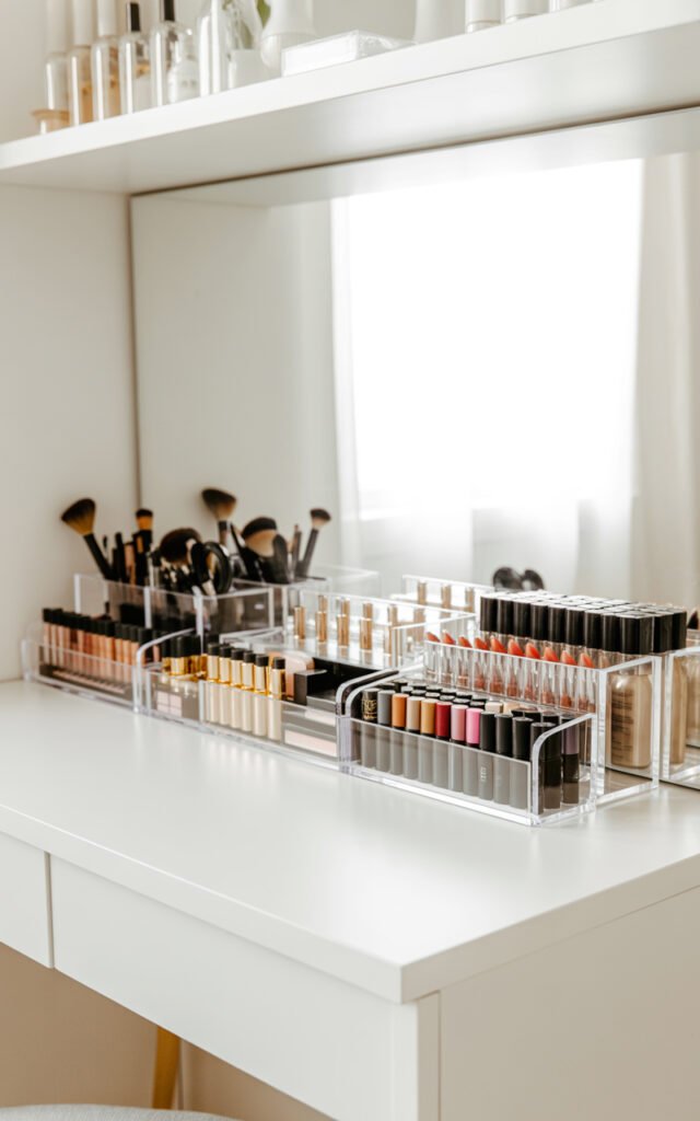 Clear acrylic organizers on vanity keeping products visible and space feeling uncluttered