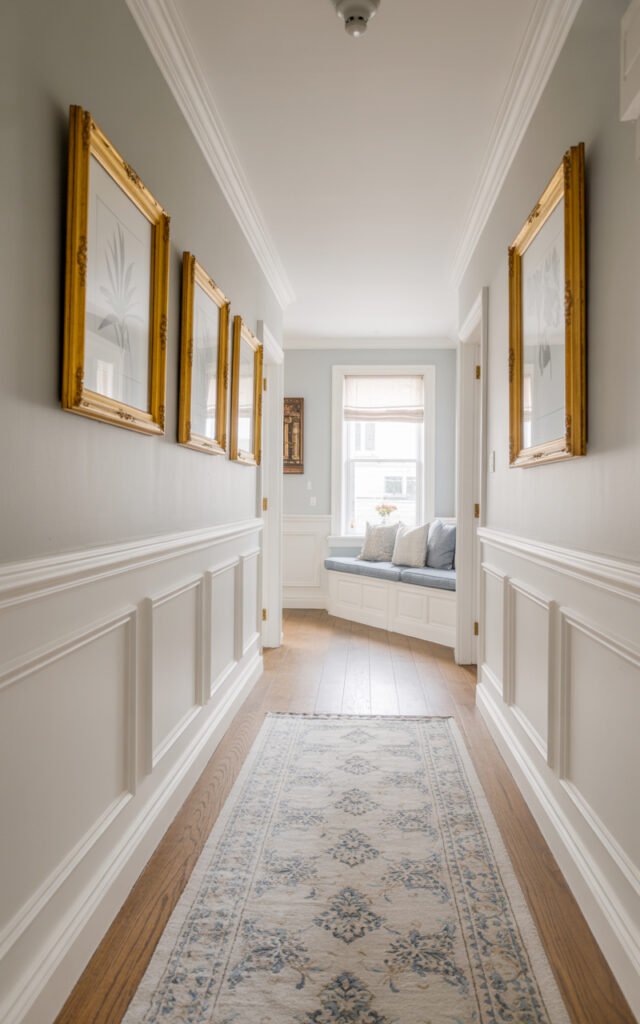 Full view of long corridor featuring wainscoting, gallery wall, built-in bench and classic design elements