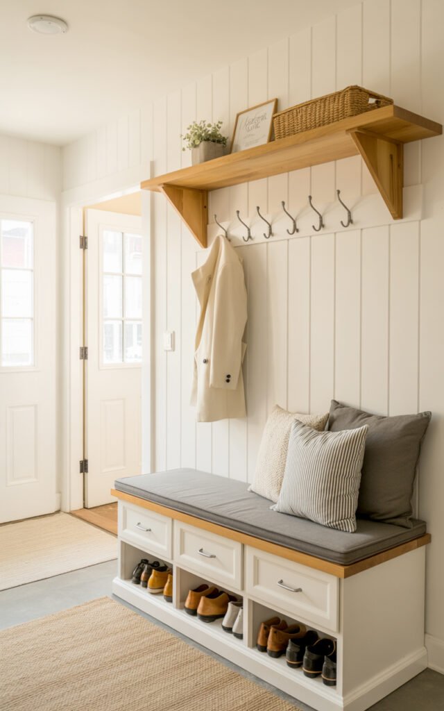 Full view of organized white mudroom featuring storage bench, coat hooks, shiplap walls and farmhouse design