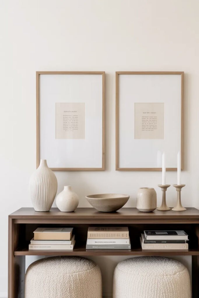 Full view of minimalist console featuring dark wood, white vase, books, art and textured poufs