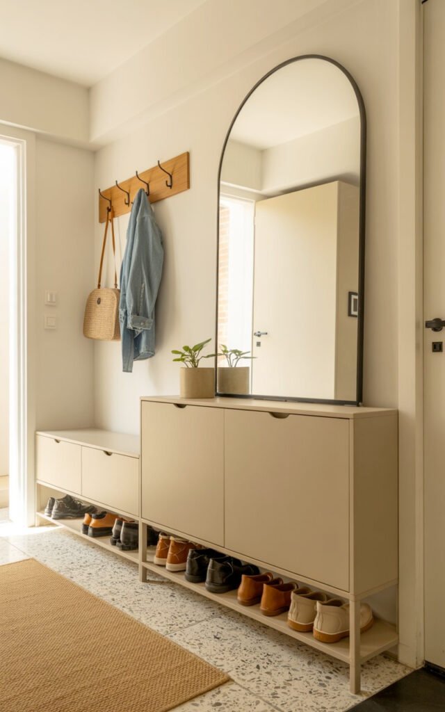 Full view of organized hallway featuring mirror, shoe storage, hooks and minimal design
