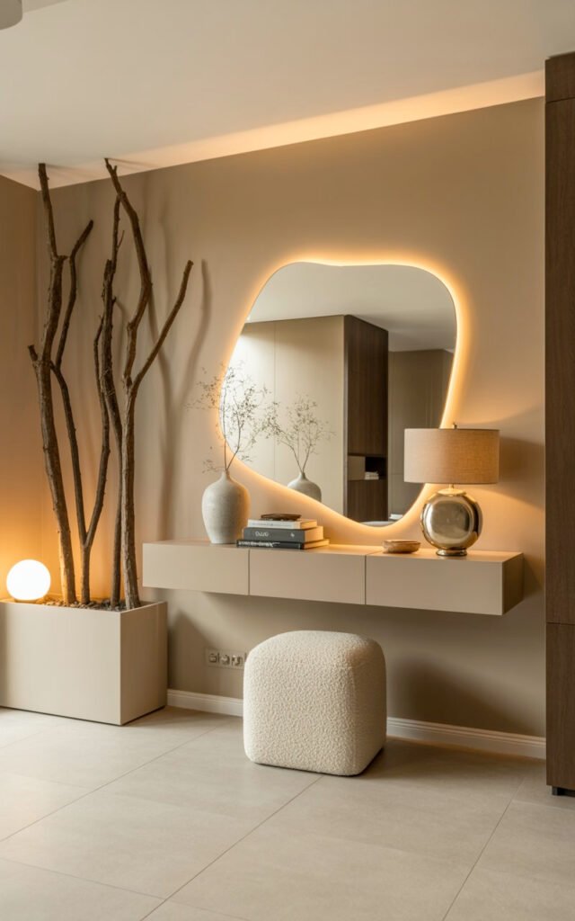 Full view of sophisticated entryway featuring backlit mirror, floating console, organic elements and luxury lighting