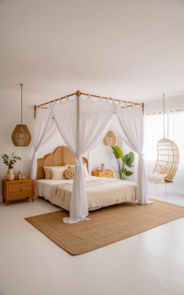 Full view of finished bohemian bedroom with canopy bed, rattan furniture and neutral color palette