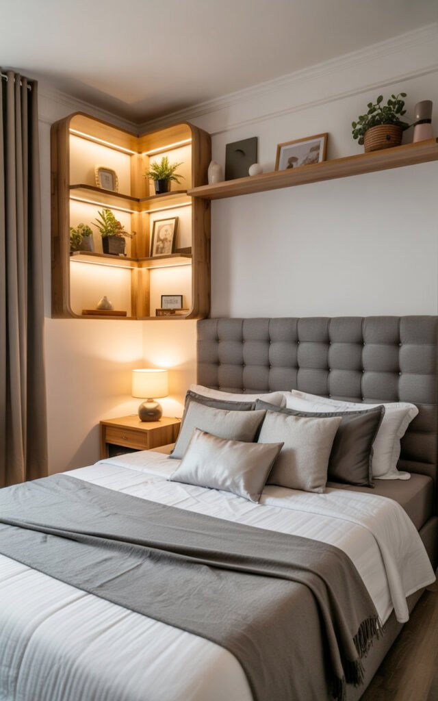 Full view of small bedroom showing floating shelves, accent lighting and minimalist design maximizing limited space