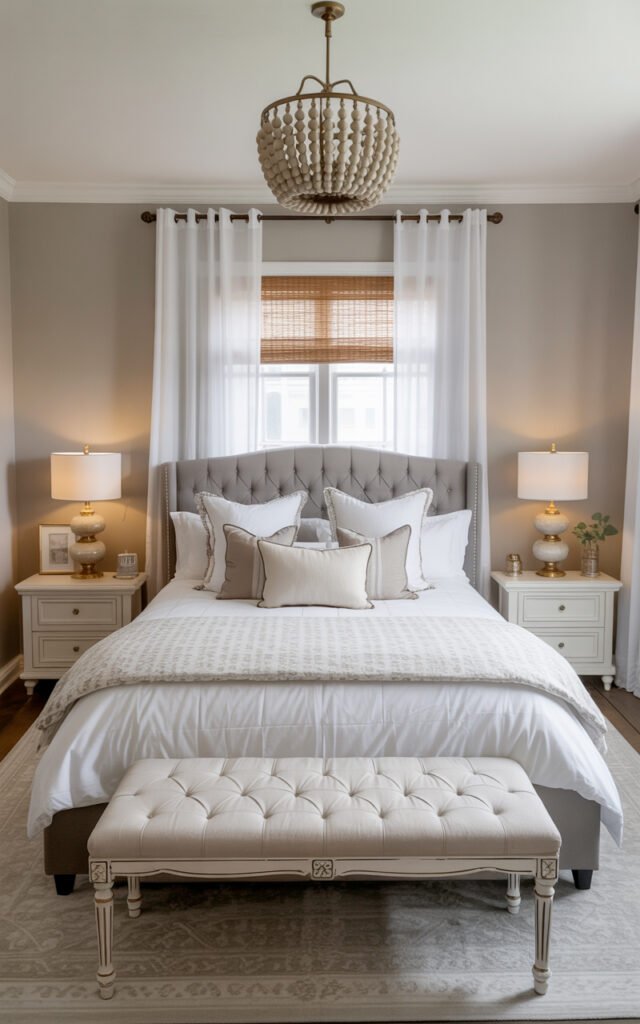 Full view of small master bedroom featuring bed by window, statement chandelier, symmetrical furniture and neutral elegant styling