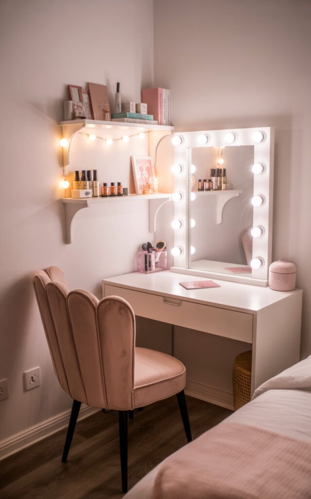 Full small bedroom vanity with Hollywood mirror shell chair and organized shelving in corner