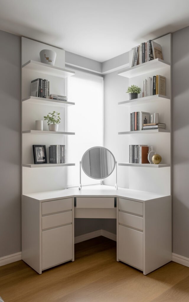 White vanity desk in bedroom corner utilizing dead space and providing two walls for storage