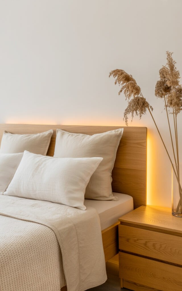 Warm minimal bedroom with oak furniture and beige textiles creating cozy inviting space