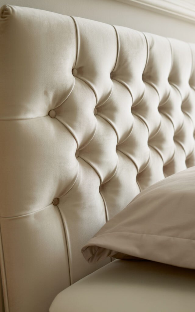 Elegant button-tufted velvet headboard in neutral cream color for glamorous bedroom