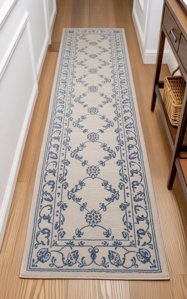 Traditional patterned runner rug in cream with blue botanical design for narrow hallway