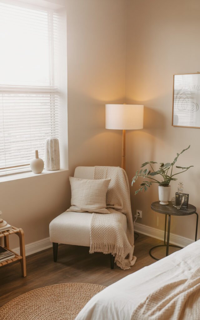 Inviting bedroom reading nook featuring comfortable chair, soft throw blanket, side table and plant in warm naturally lit corner space