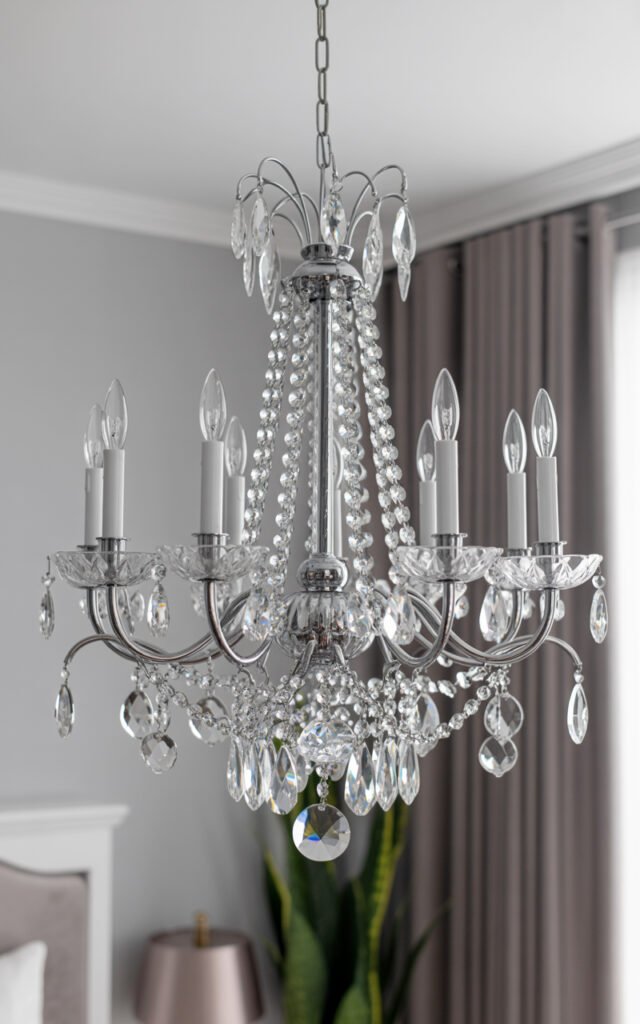 Crystal chandelier with candle style bulbs and crystal drops in elegant bedroom