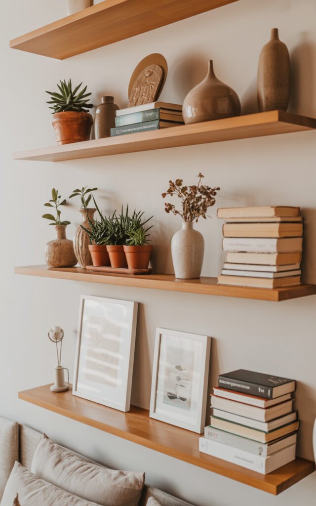 Wooden floating shelves styled with plants, pottery and books in neutral tones for small bedroom