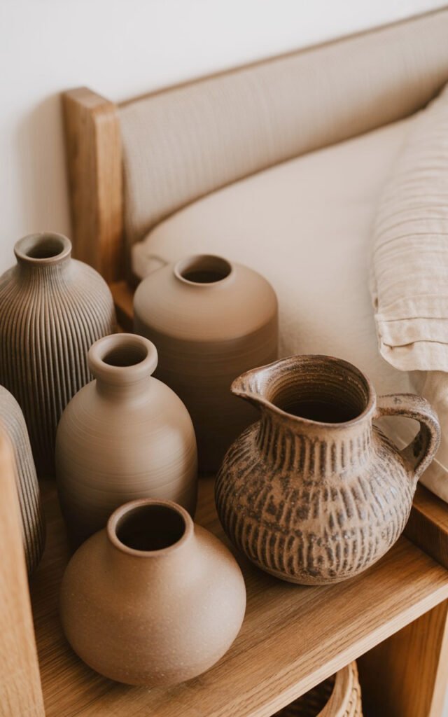 Earth-toned decorative pottery vessels creating curated display on bedroom shelf