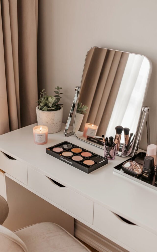 Vanity desk with Hollywood mirror and few styled items showing organized coquette aesthetic