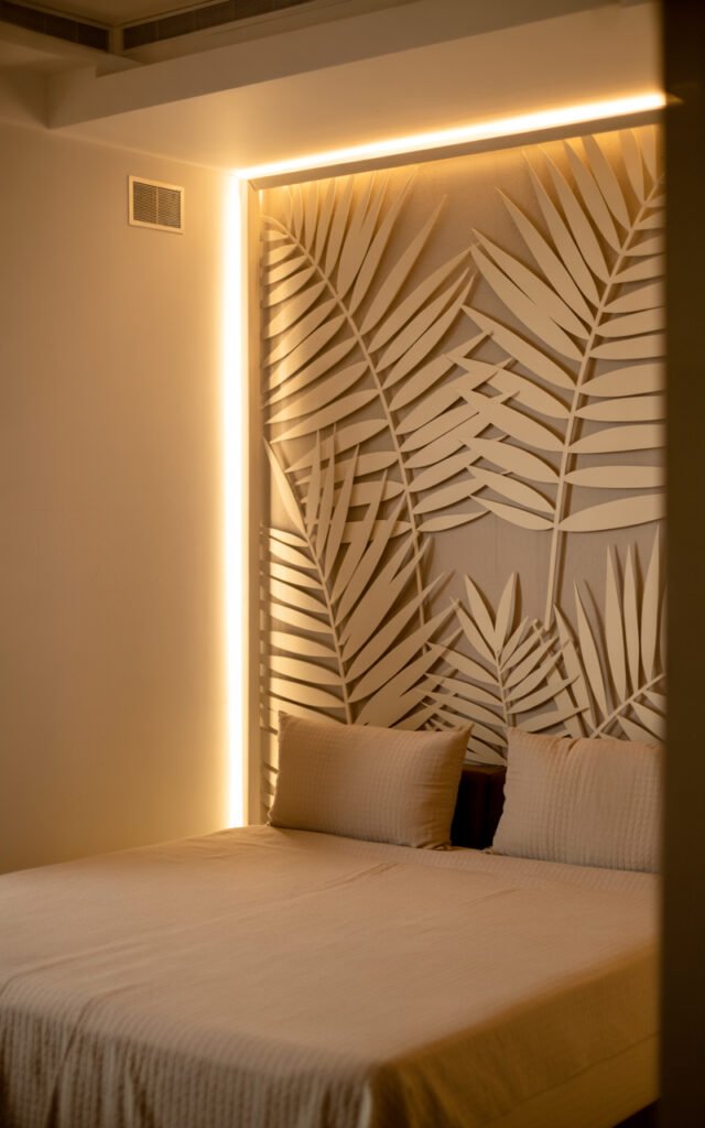 Illuminated palm leaf decorative wall panel with LED backlighting creating warm ambient glow in modern bedroom